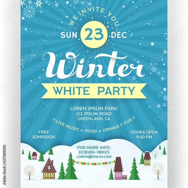 Obraz Plakat na zimową imprezę białą. Ulotka z zaproszeniem do ośrodka narciarskiego.