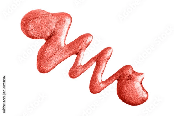 Fototapeta Glitter nail polish isolated on white background. Color of the year 2019. Living coral.