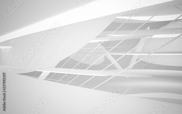 Fototapeta Abstract smooth white interior of the future. Night view from the backlight. Architectural background. 3D illustration and rendering 