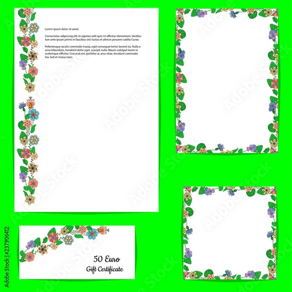 Fototapeta Card template with a floral motif on white background. Hand drawn style flowers.