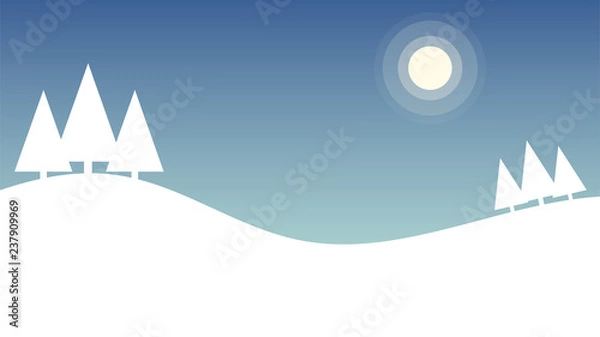 Fototapeta Snow winter sky background with hills, new year trees and sun. Vector illustration.