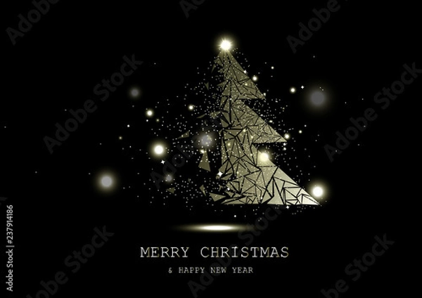 Fototapeta Merry Christmas, Golden glowing tree fantasy miracle, confetti stars sparkle, nature, space and astronomy luxury concepts abstract background seasonal holiday vector illustration