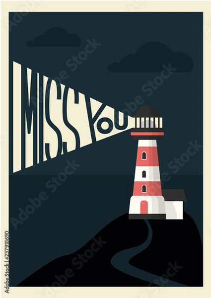 Fototapeta Light house postcard I miss you at night from the light of the lighthouse the word is written at night