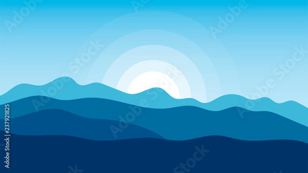 Fototapeta Landscape vector illustrations with hills, mountains, sky and sun.