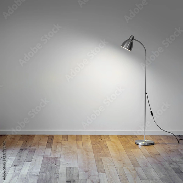 Fototapeta metal floor lamp in empty room with shadow on white wall and copy space for text