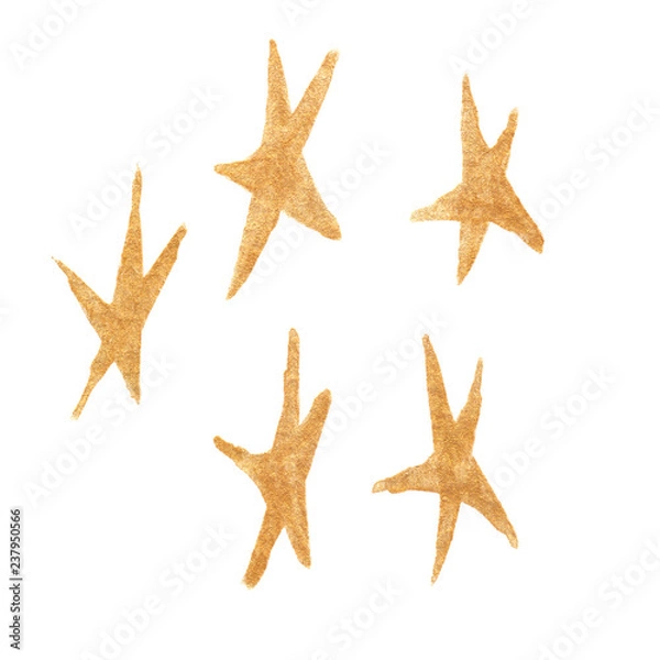 Fototapeta Set of five simple decorative stars painted with golden acrylic on white isolated background