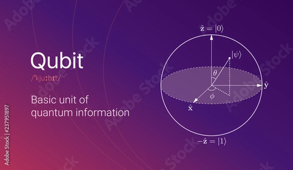 Fototapeta Quantum bit visual concept. Visialization of qubit on colorful gradient background. Vector illustration