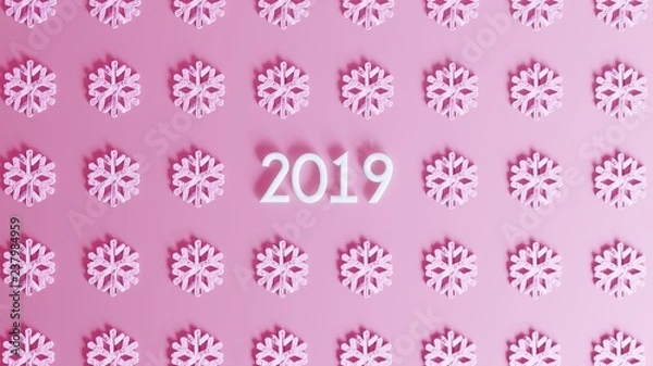 Fototapeta New year or Christmas 3d background with 2019 and snowflakes on pink backgound. Minimalist Christmas concept.