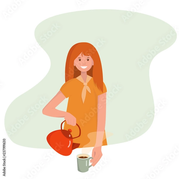Obraz Girl or woman pours a cup of tea or coffee, vector illustration in modern flat style.