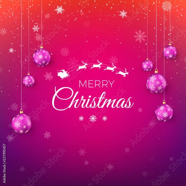 Fototapeta Merry Christmas greeting card in red and purple colors. White silhouette of flying Santa Claus with reindeer sleigh decorated by Christmas balls and greeting text. Vector illustration
