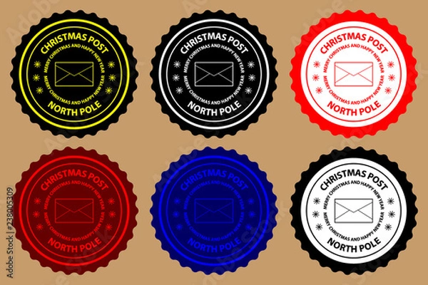 Fototapeta Wesołych Świąt i szczęśliwego nowego roku, poczta bożonarodzeniowa, biegun północny, koperta, (pieczęć, pieczątka, naklejka) wektor, czarny, biały, żółty, czerwony, niebieski,