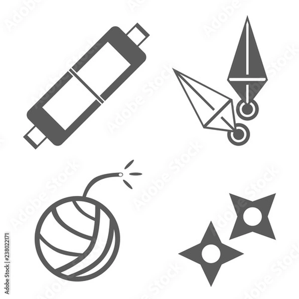 Fototapeta アイコン素材　クナイ　巻物　手裏剣　爆弾　忍者　道具　武器　小物　小道具