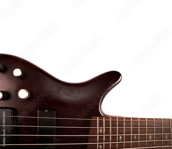 Obraz Rosewood bass guitar deck and neck with frets and strings isolated on white