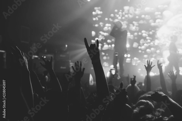 Obraz Hands of a crowd raised up at the music show to the singer on stage. Black and white. Black and white
