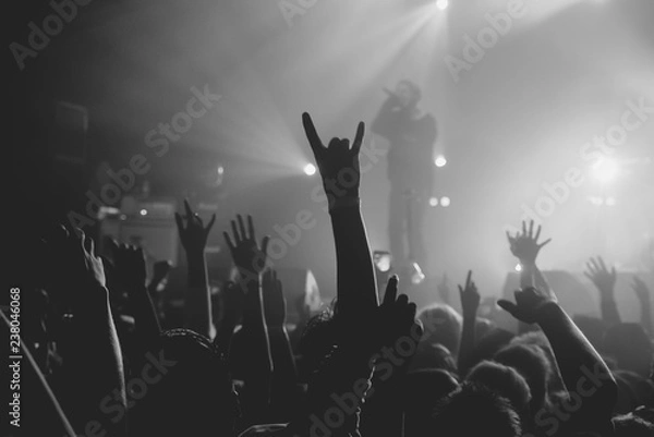 Obraz Hands of a crowd raised up at the music show to the singer on stage. Black and white. Black and white