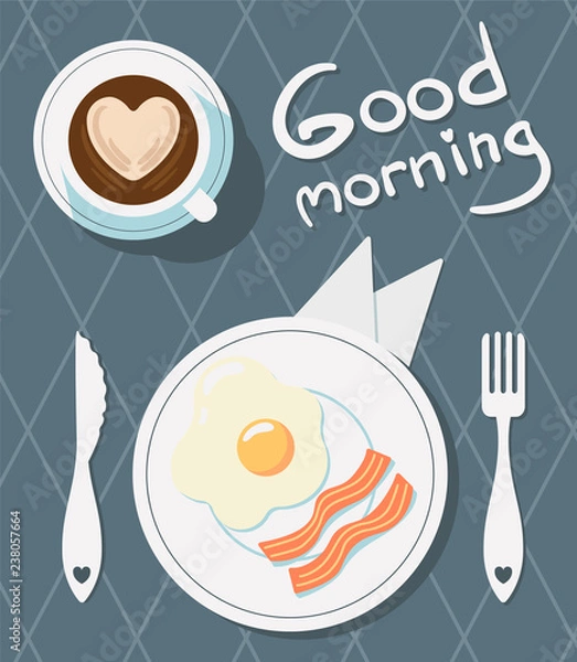 Obraz flat lay breakfast with coffee egg and bacon on plate and blue table knife and fork good morning