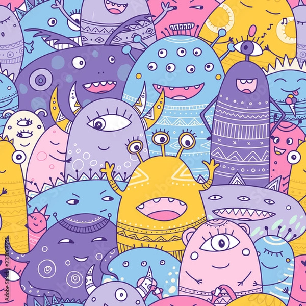 Obraz cute monsters crowd seamless pattern in boho style.