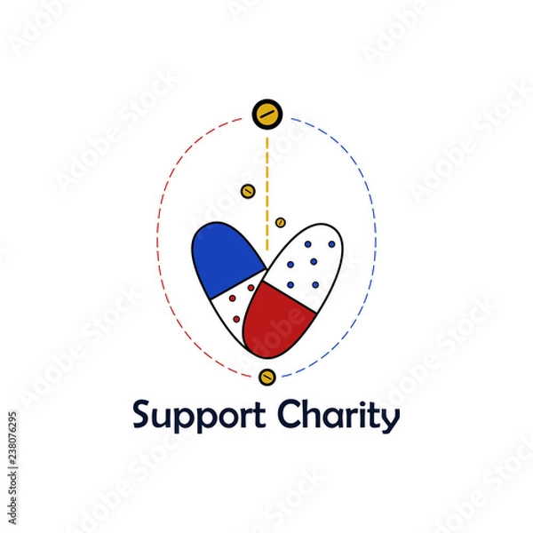 Obraz Concept of a logo for Charity organisation or event. Vector illustration of heart made of medicine surrounded by coins.