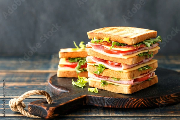 Obraz sandwiches with grilled toast ham salami cheese tomatoes and lettuce