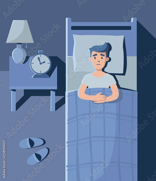 Fototapeta Man is lying in the bed with open eyes at night. Vector illustration.