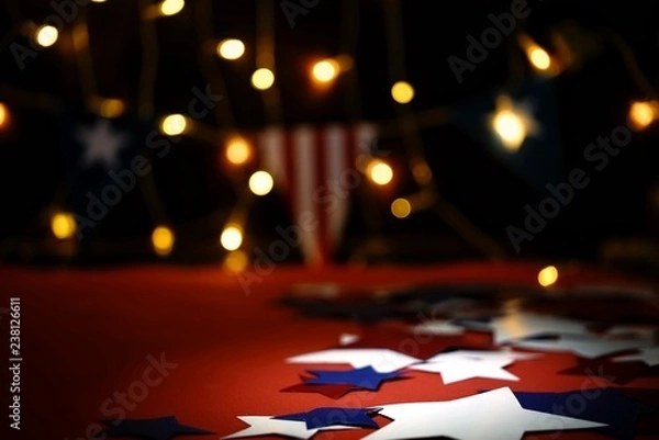 Fototapeta Ruffled American flag and wooden cube calendar with 4th of July, USA Independence Day  