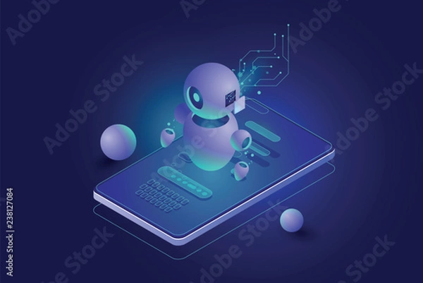 Obraz Chatbot concept, personal helper, machine learning, Isometric artificial intelligence, digital marketing dark neon vector