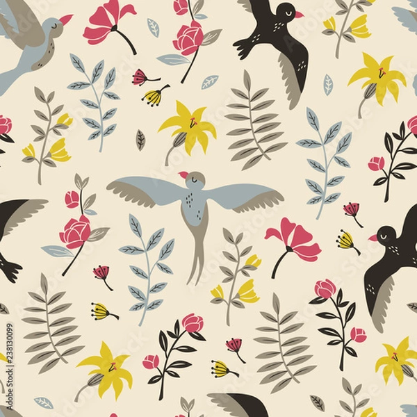 Fototapeta Floral Seamless Pattern with Flying Birds. Vector Hand Drawn Pattern.