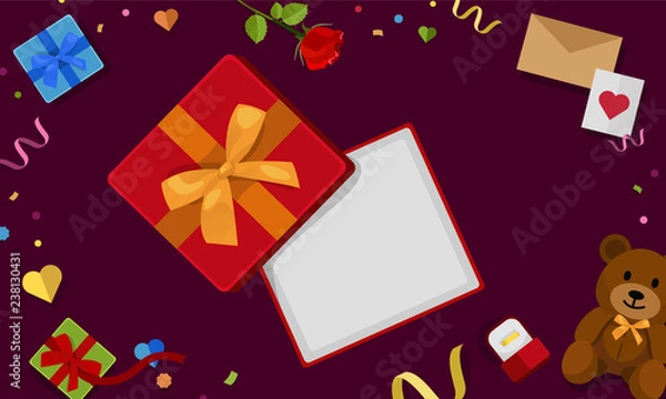 Obraz Open gift box, Valentine’s day banner, top view. Flat vector design