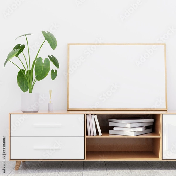 Obraz Modern living room interior with a wooden dresser and a horizontal poster mockup, 3D render