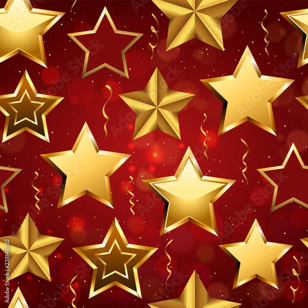 Fototapeta Shiny Seamless pattern of realistic golden 3D stars and confetti isolated on red backdrop.