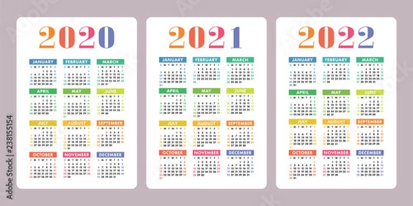 Fototapeta Calendar 2020, 2021, 2022 years. Vertical vector calender design template. Colorful set. Week starts on Sunday