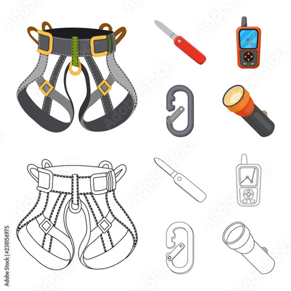 Fototapeta Vector illustration of mountaineering and peak symbol. Set of mountaineering and camp stock symbol for web.