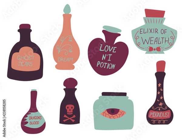 Fototapeta Set of colorful magic cartoon bottles and love potions. Vector illustrations of magic elixirs in flat style