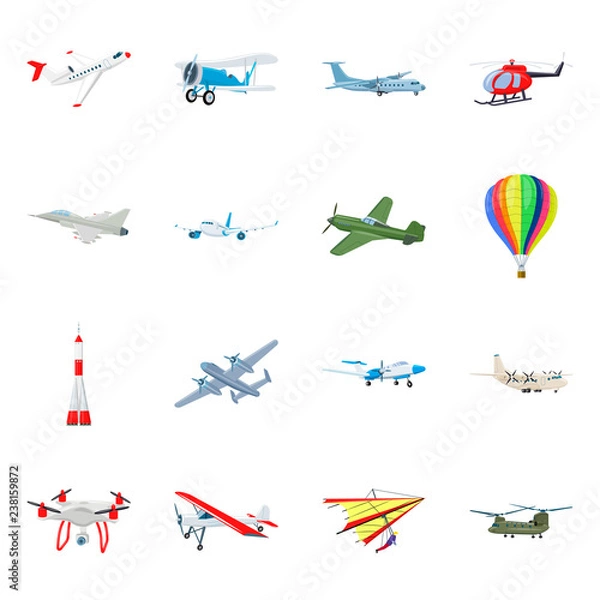 Fototapeta Vector illustration of plane and transport symbol. Set of plane and sky stock symbol for web.