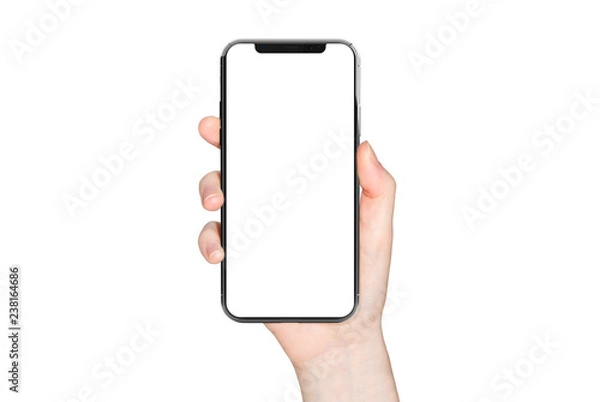 Obraz Kobiety ręka trzyma nowożytnego smartphone mockup na bielu