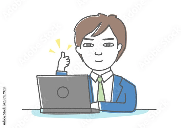 Fototapeta パソコンで仕事中にいいねのポーズをする男性