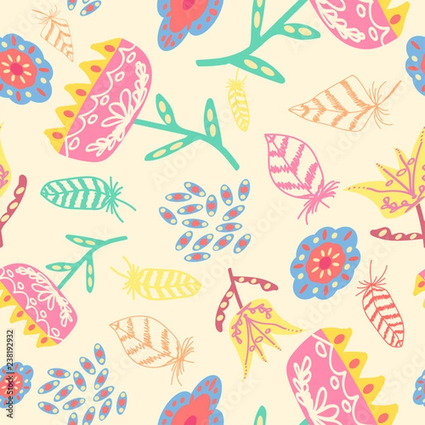 Obraz flowers with pink and yellow feathers on a white color