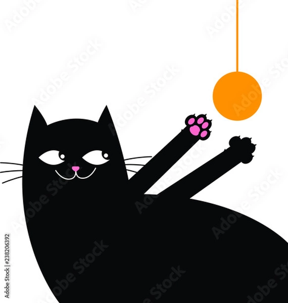 Fototapeta Black happy cat play with yellow ball. Trendy black cat on white background vector illustration. Happy black cat sticker.