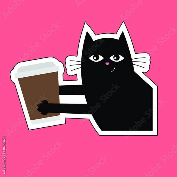 Fototapeta Black cat sticker with cup of coffee. Happy black cat vector illustration on bright background. Black trendy cat.