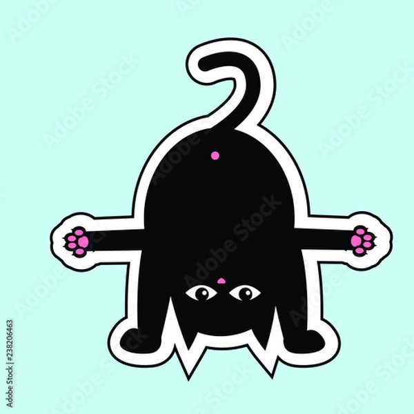 Fototapeta Funny black cat on blue background. Black cat sticker vector illustration. Cute black cat with open hands.