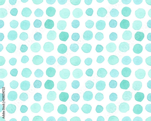 Fototapeta Seamless pattern with arranged rows of turquoise blue polka dots painted in watercolor on white isolated background