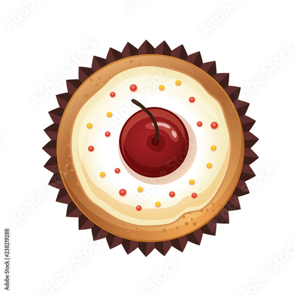 Fototapeta Vector cupcakes with cherries. Top view flat icon on white background.