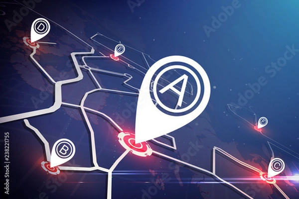 Fototapeta Technology map concept.  Location marker on map around the world.