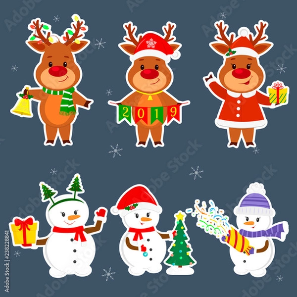Obraz New Year and Christmas card. A set sticker of three snowmen and three deer characters in different hats and poses in winter. Christmas tree, box with gift, cracker, bell. Cartoon style, vector