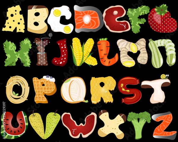 Fototapeta Cartoon letters. Stylized cute alphabet with food elements