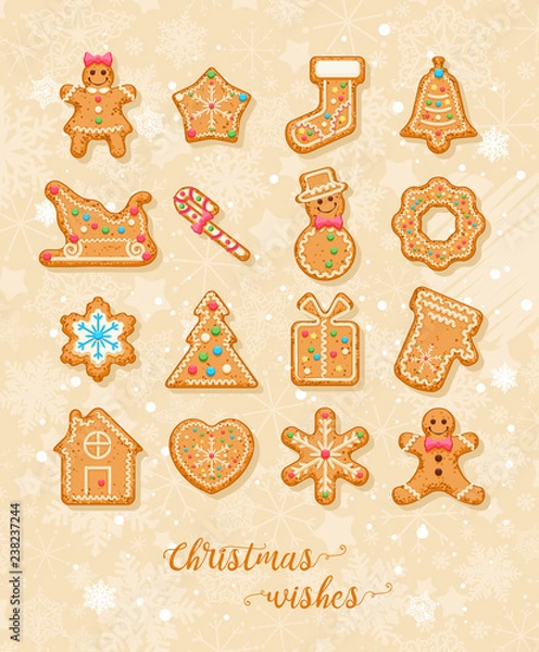 Fototapeta Christmas wishes. Cute Xmas card with colorful funny gingerbread on background with snowflakes. Vector greeting poster.
