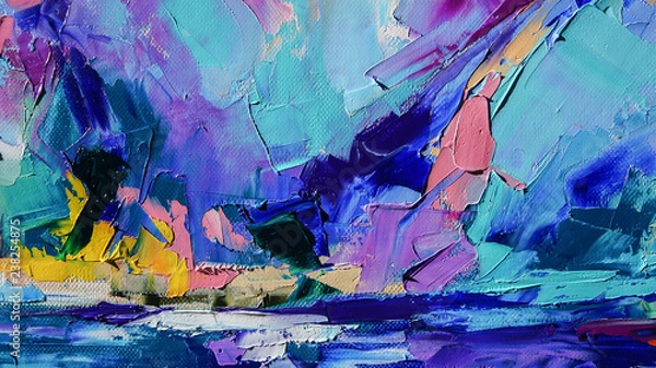 Fototapeta Fragment. Multicolored texture painting. Abstract art background. oil on canvas. Rough brushstrokes of paint. Closeup of a painting by oil and palette knife. Highly-textured, high quality details.