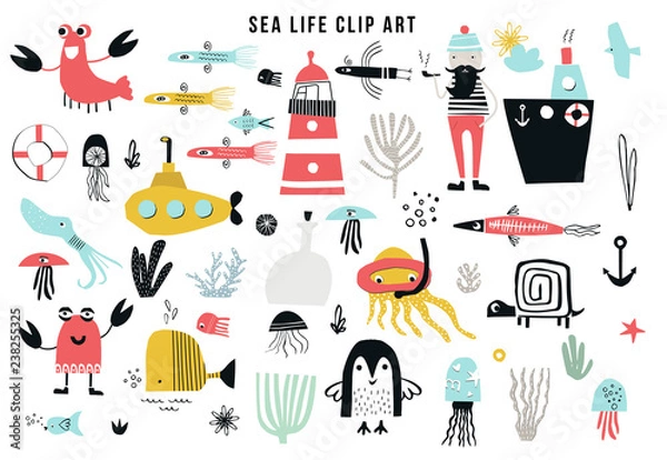 Obraz Big kids sea life clipart collection. A large set of items on the marine theme cut out of paper. Vector illustration