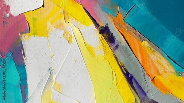 Fototapeta Fragment. Multicolored texture painting. Abstract art background. oil on canvas. Rough brushstrokes of paint. Closeup of a painting by oil and palette knife. Highly-textured, high quality details.