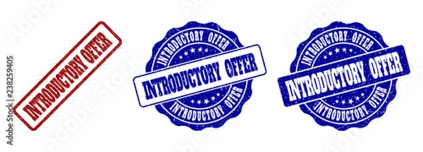 Fototapeta INTRODUCTORY OFFER grunge stamp seals in red and blue colors. Vector INTRODUCTORY OFFER labels with draft style. Graphic elements are rounded rectangles, rosettes, circles and text labels.